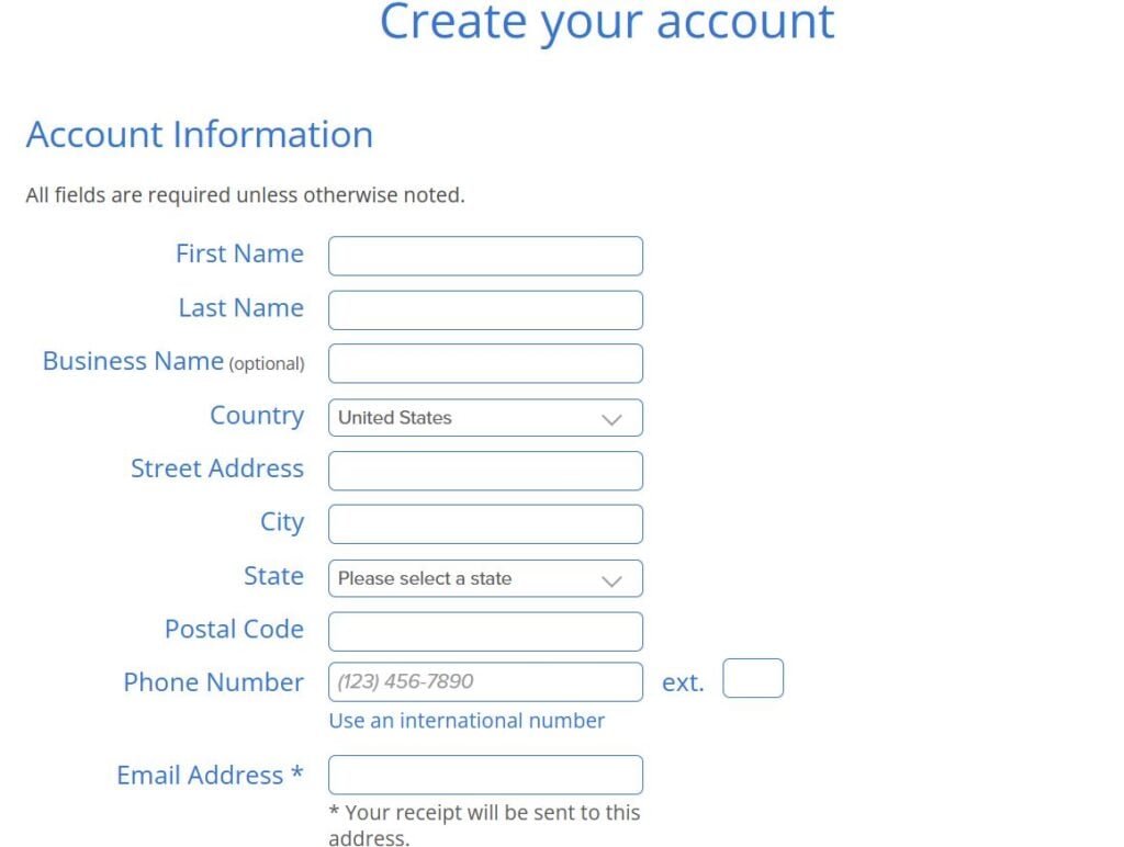 Screenshot of Bluehost account creation page