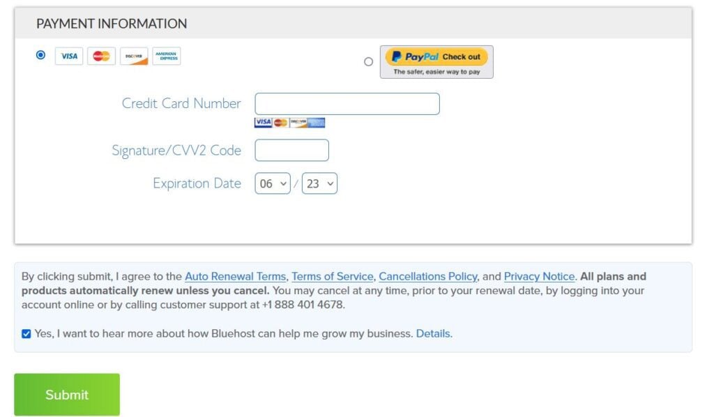Screenshot of Bluehost payment page showing Bluehost review readers where to find the "Submit" button