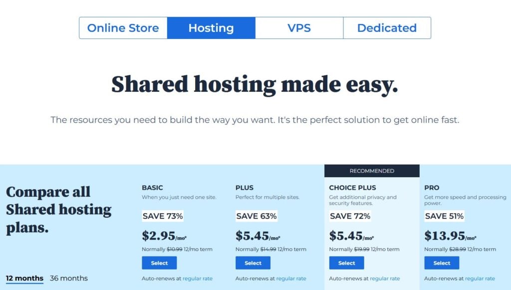 Screenshot of the Bluehost "Pricing & Plans" page showing Bluehost review readers where to find the "Hosting" button