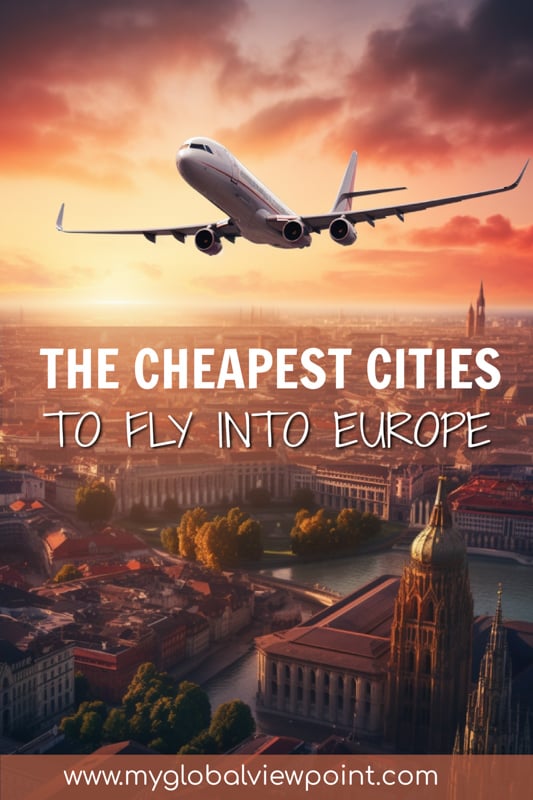 Cheap flights to Europe image with a plane flying over a European city