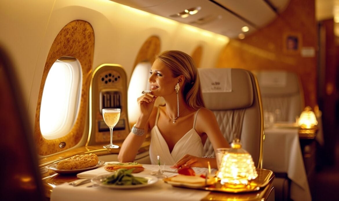 Emirates business class cabin with a passenger