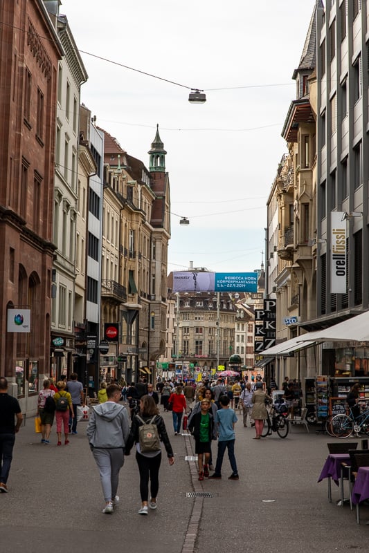 Freie Strasse is a popular pedestrian shopping street in Basel.