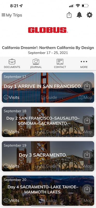 The main screen of the Globus Go App is a benefit of choice touring with Globus