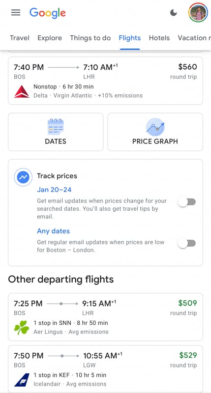 Google Flights screenshot showing flight tracking