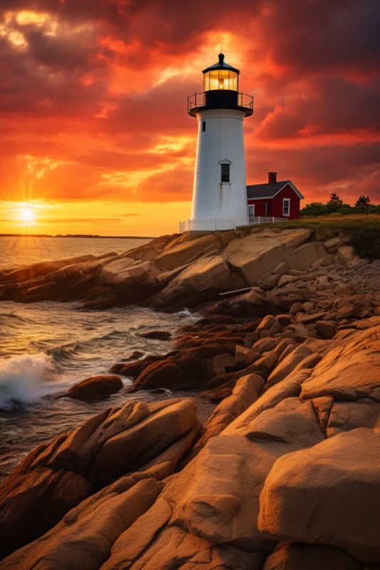 Iconic lighthouse in New England during golden hour