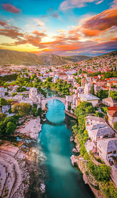 Aerial view of the Neretva River in Mostar.