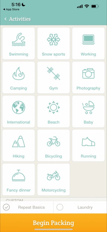 Packing list suggestions from the mobile app
