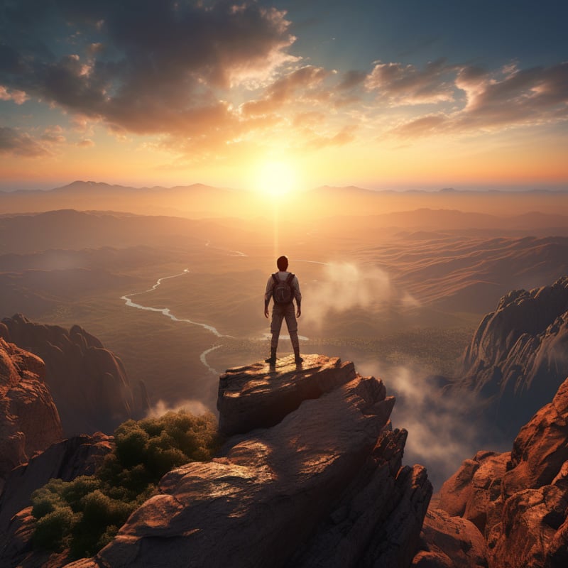 Person standing on a mountain peak at sunrise, looking over a vast landscape, symbolizing achievement and personal growth