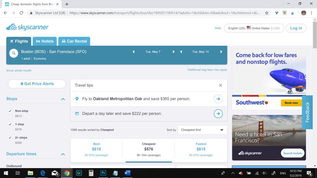 Regular browser screenshot of cheapest flight price