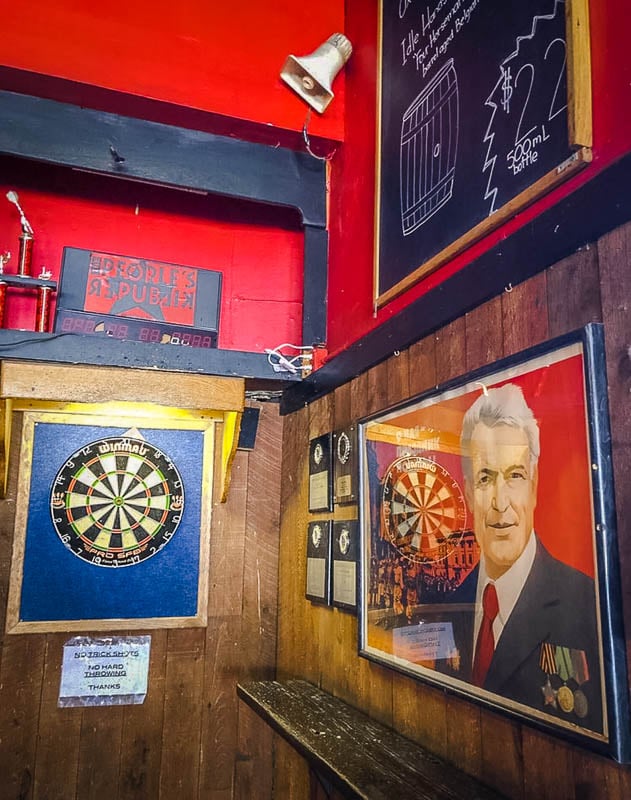 Play darts and check out the Soviet Union posters and artifacts.
