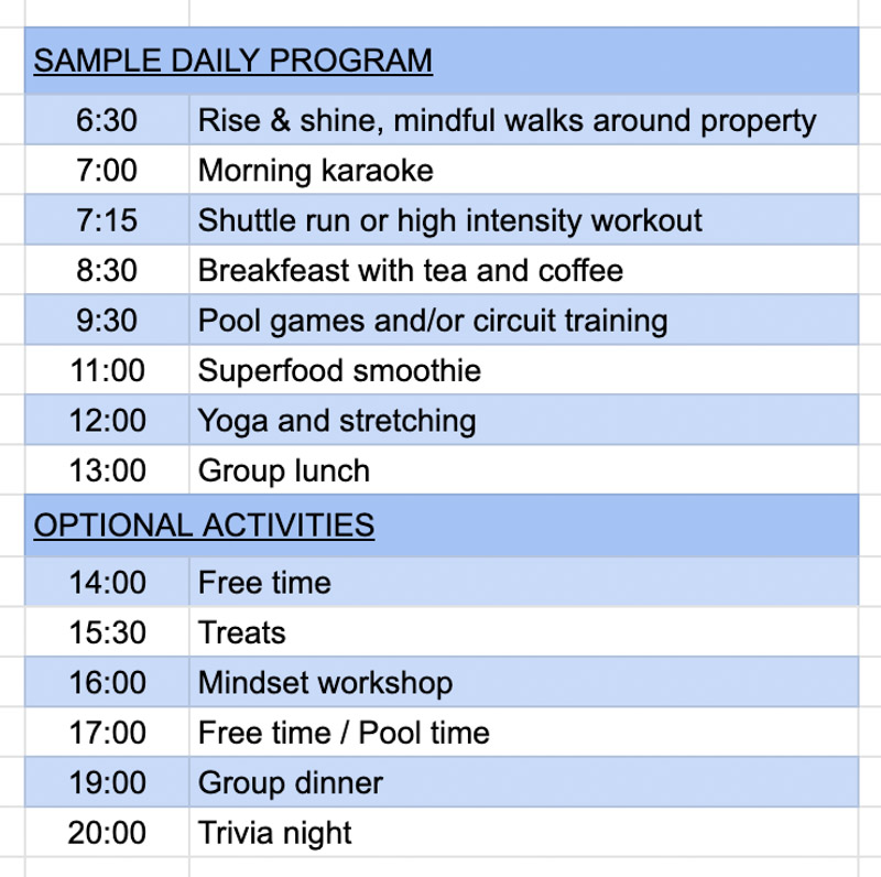 Sample program of daily activities at the fitness retreat