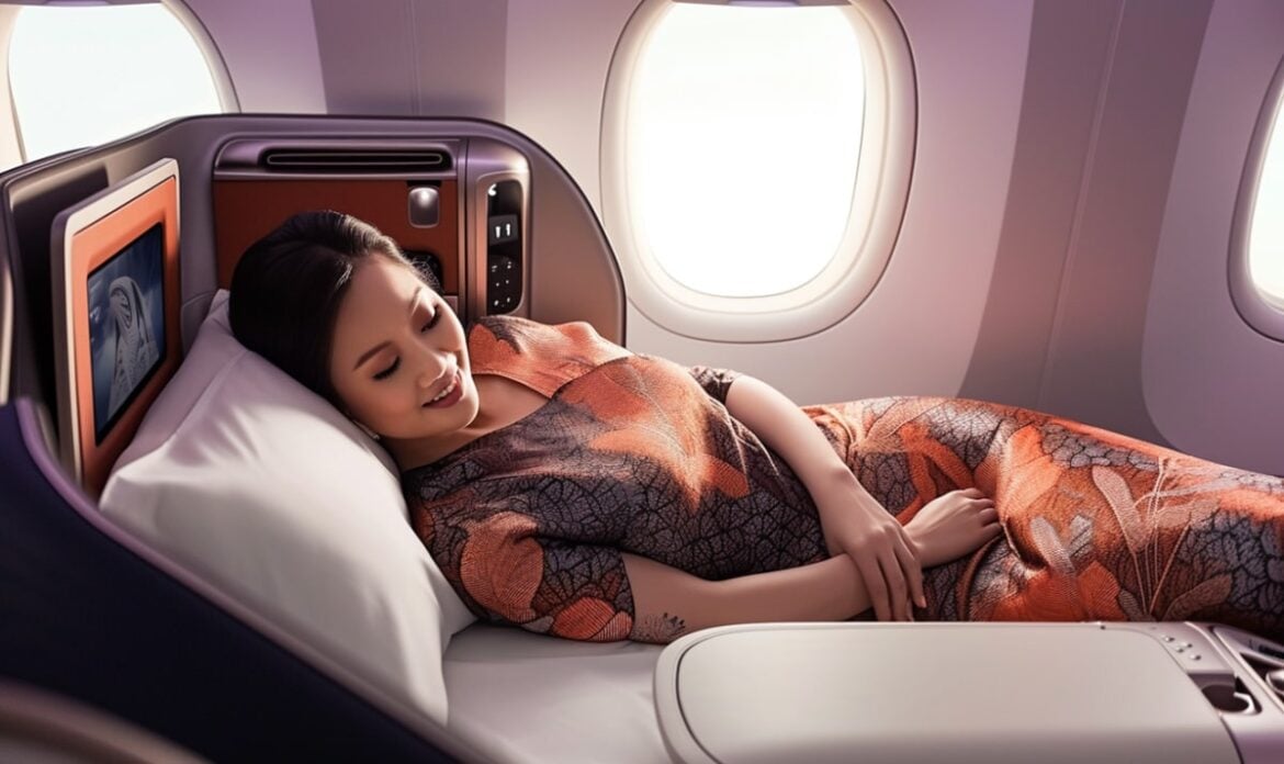 Singapore Airlines business class cabin with luxury passenger