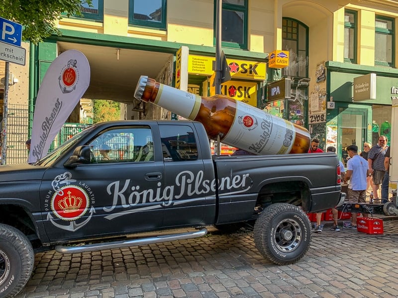 König Pilsner was giving away free beer on a side street in the Schanzenviertel.