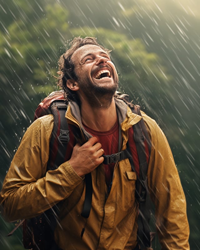 A traveler laughing amidst a rainstorm, backpack soaked, standing in a picturesque location, capturing a sense of adventure and unexpected joy