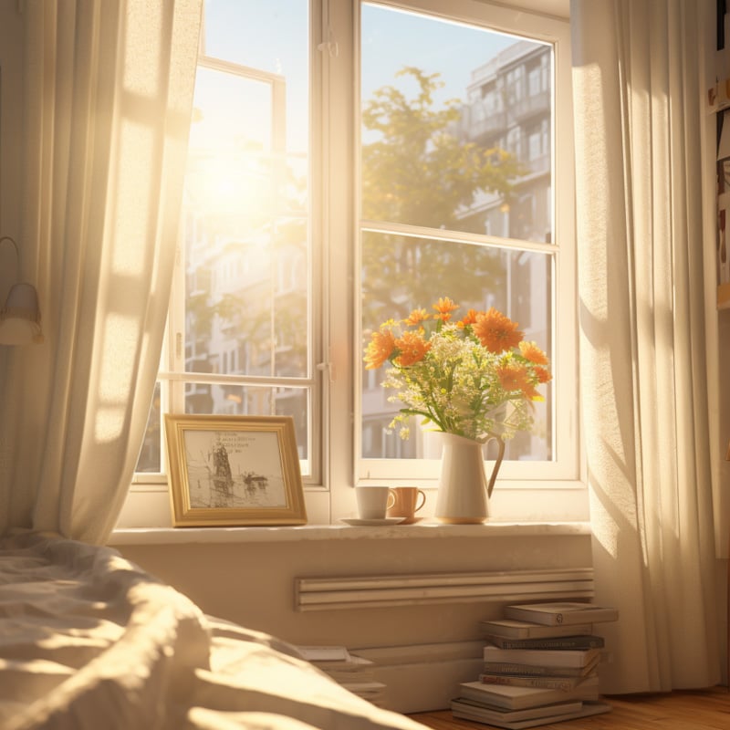 Warm, gentle morning sunshine streaming through a window