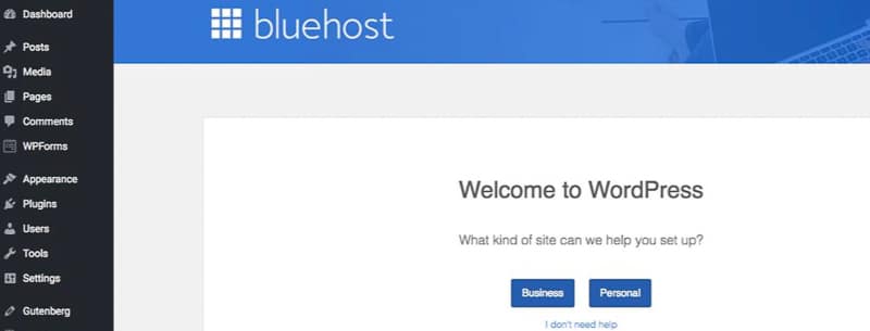 Bluehost dashboard on Wordpress travel blog