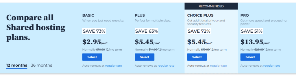 Screenshot of 12-month pricing plans for Bluehost review readers