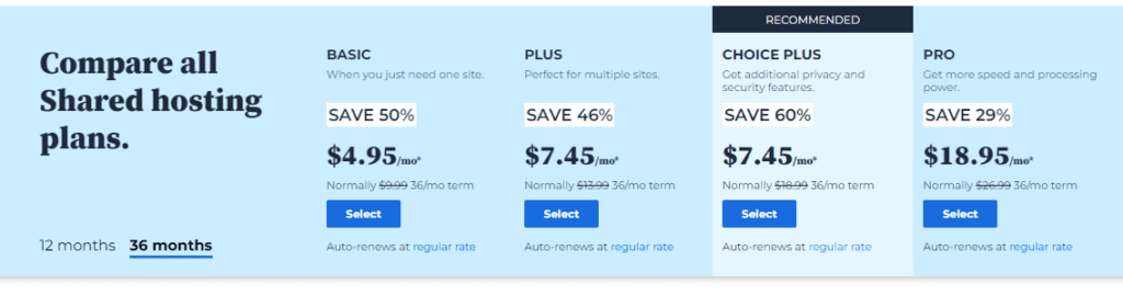 Screenshot of 36-month pricing plans for Bluehost review readers